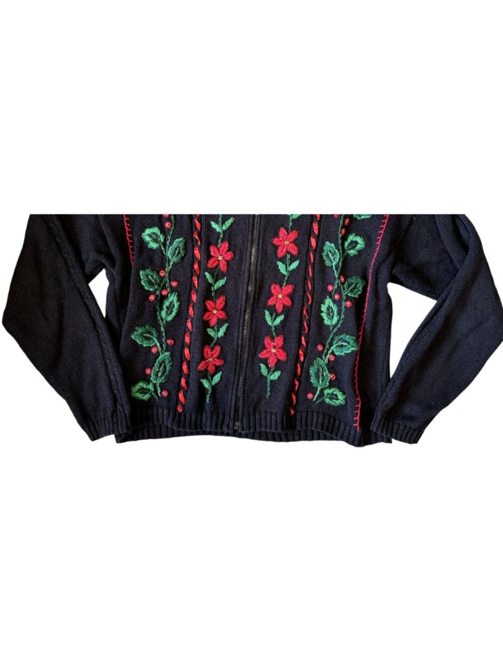 Work In Progress Christmas Sweater Poinsettia Black Embroidered Cardigan XL Zip - Picture 3 of 6